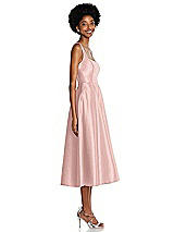 Side View Thumbnail - Rose - PANTONE Rose Quartz Square Neck Full Skirt Satin Midi Dress with Pockets