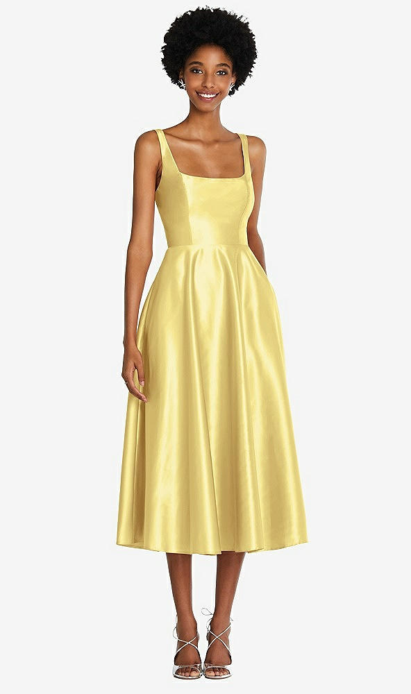 Front View - Sunflower Square Neck Full Skirt Satin Midi Dress with Pockets