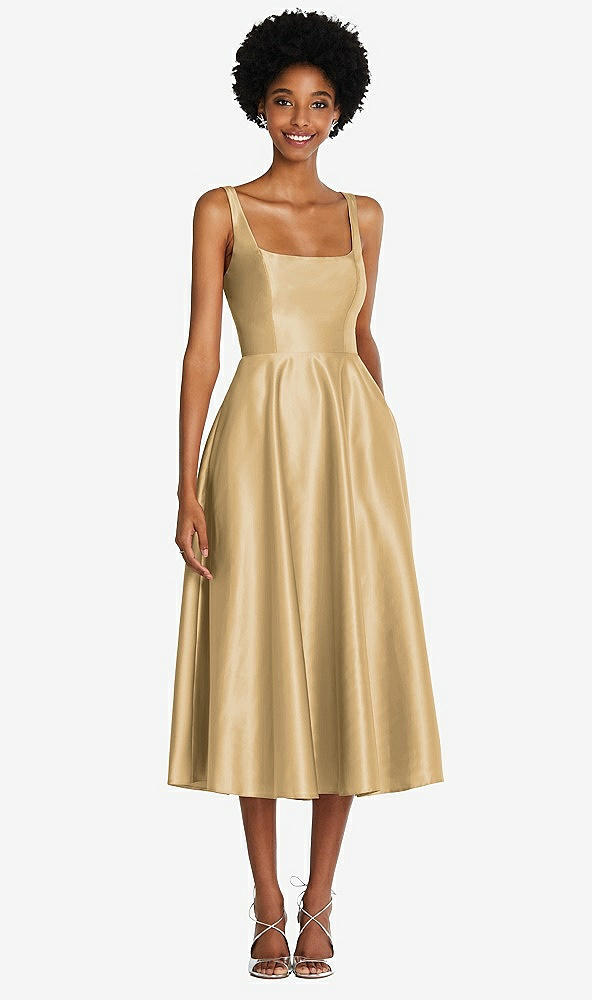Front View - Venetian Gold Square Neck Full Skirt Satin Midi Dress with Pockets