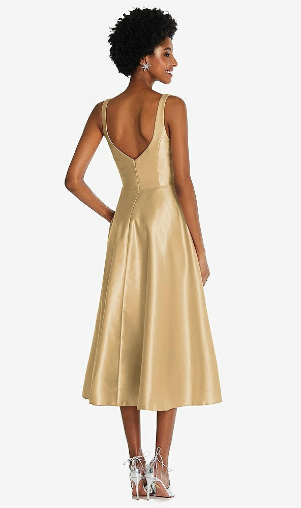 Back View - Venetian Gold Square Neck Full Skirt Satin Midi Dress with Pockets