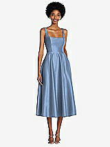 Front View Thumbnail - Windsor Blue Square Neck Full Skirt Satin Midi Dress with Pockets
