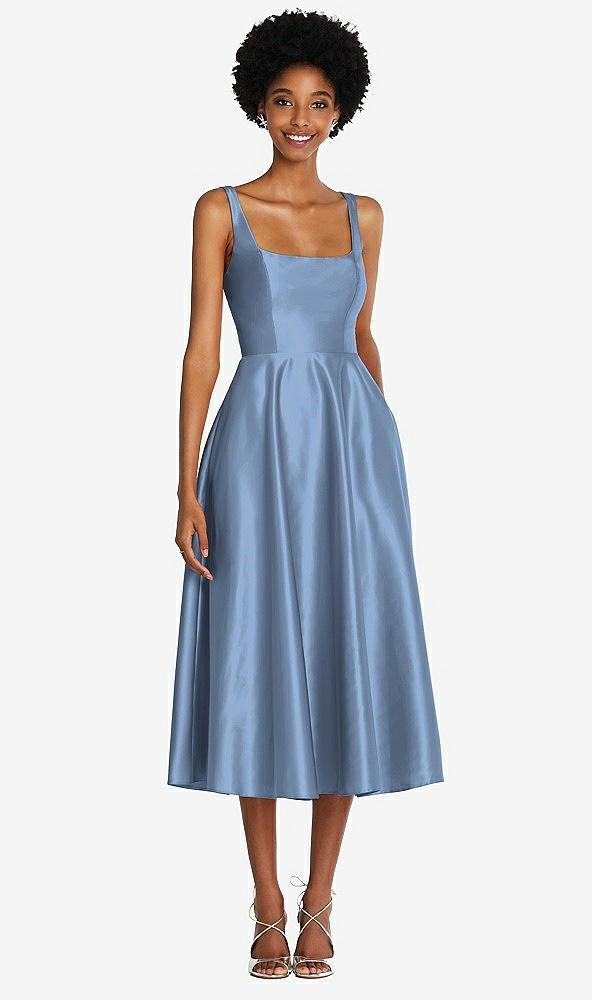 Front View - Windsor Blue Square Neck Full Skirt Satin Midi Dress with Pockets