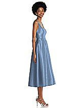 Side View Thumbnail - Windsor Blue Square Neck Full Skirt Satin Midi Dress with Pockets