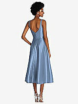Rear View Thumbnail - Windsor Blue Square Neck Full Skirt Satin Midi Dress with Pockets