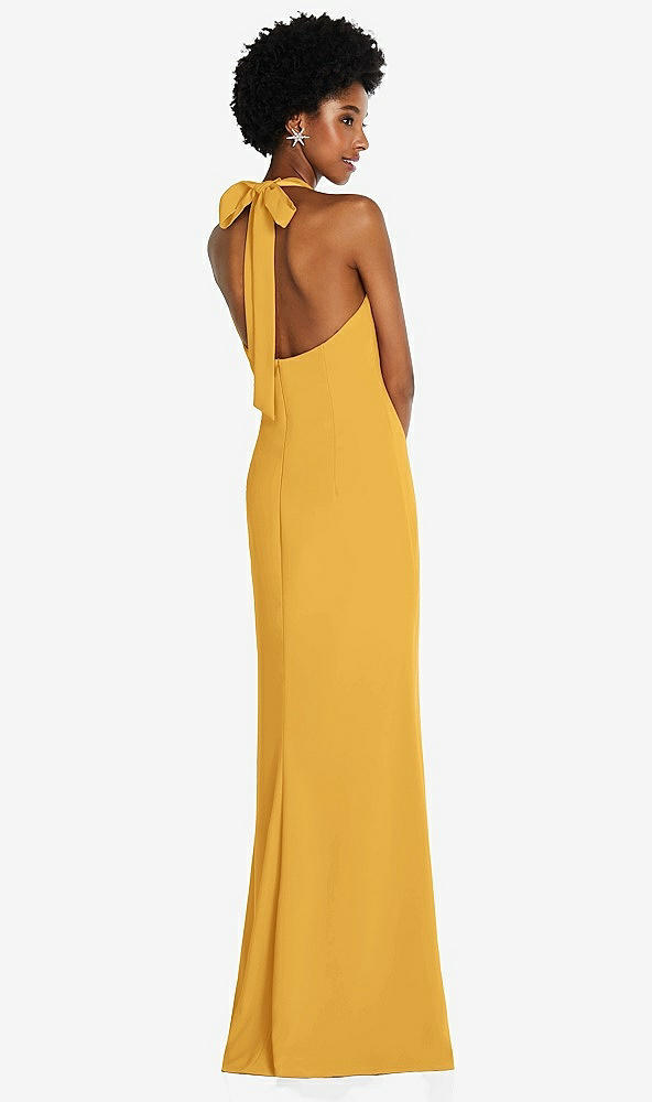 Back View - NYC Yellow Tie Halter Open Back Trumpet Gown 