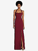 Front View Thumbnail - Burgundy Tie Halter Open Back Trumpet Gown 