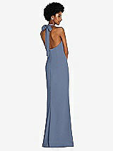 Rear View Thumbnail - Larkspur Blue Tie Halter Open Back Trumpet Gown 