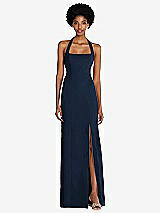 Front View Thumbnail - Midnight Navy Tie Halter Open Back Trumpet Gown 
