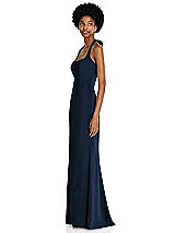 Side View Thumbnail - Midnight Navy Tie Halter Open Back Trumpet Gown 