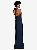 Rear View Thumbnail - Midnight Navy Tie Halter Open Back Trumpet Gown 