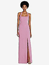 Front View Thumbnail - Powder Pink Tie Halter Open Back Trumpet Gown 