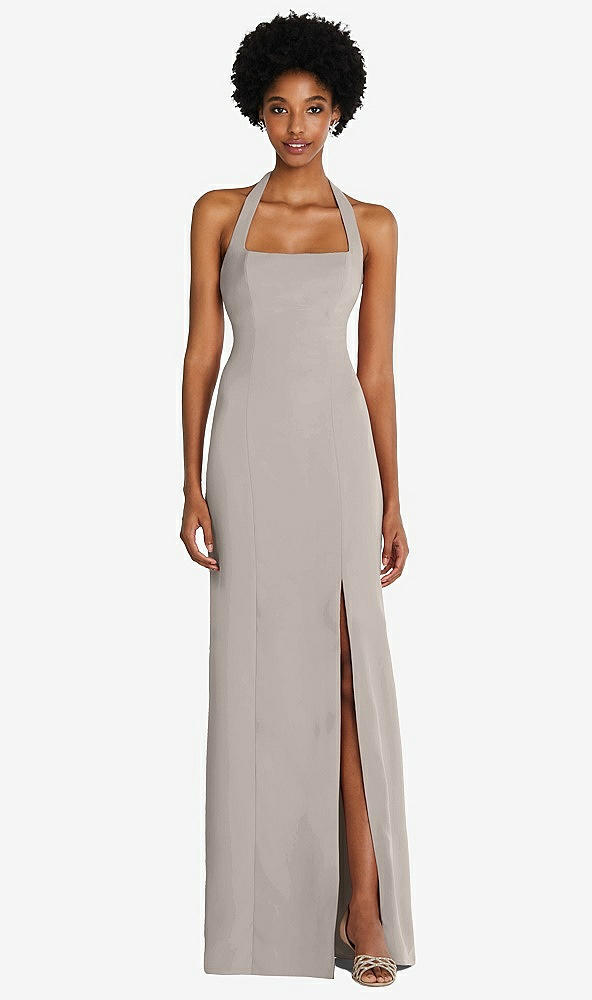 Front View - Taupe Tie Halter Open Back Trumpet Gown 