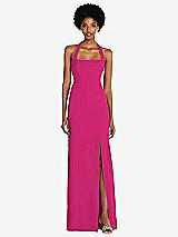 Front View Thumbnail - Think Pink Tie Halter Open Back Trumpet Gown 