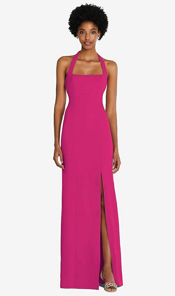 Front View - Think Pink Tie Halter Open Back Trumpet Gown 