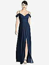 Front View Thumbnail - Midnight Navy Pleated Off-the-Shoulder Crossover Bodice Maxi Dress