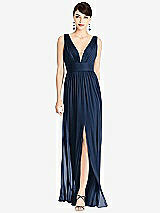 Front View Thumbnail - Midnight Navy & Light Nude Illusion Plunge Neck Shirred Maxi Dress