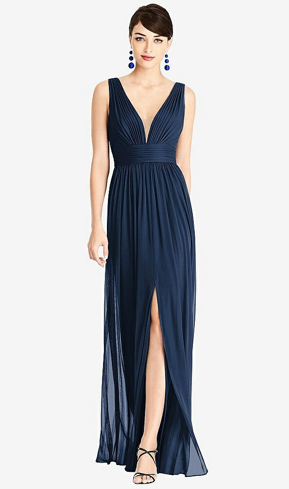 Front View - Midnight Navy & Light Nude Illusion Plunge Neck Shirred Maxi Dress