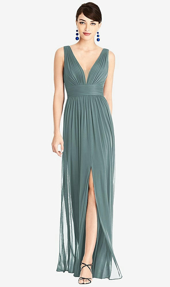 Front View - Smoke Blue & Light Nude Illusion Plunge Neck Shirred Maxi Dress