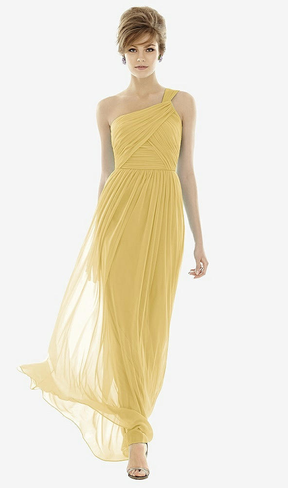 Front View - Maize Illusion Plunge Neck Shirred Maxi Dress
