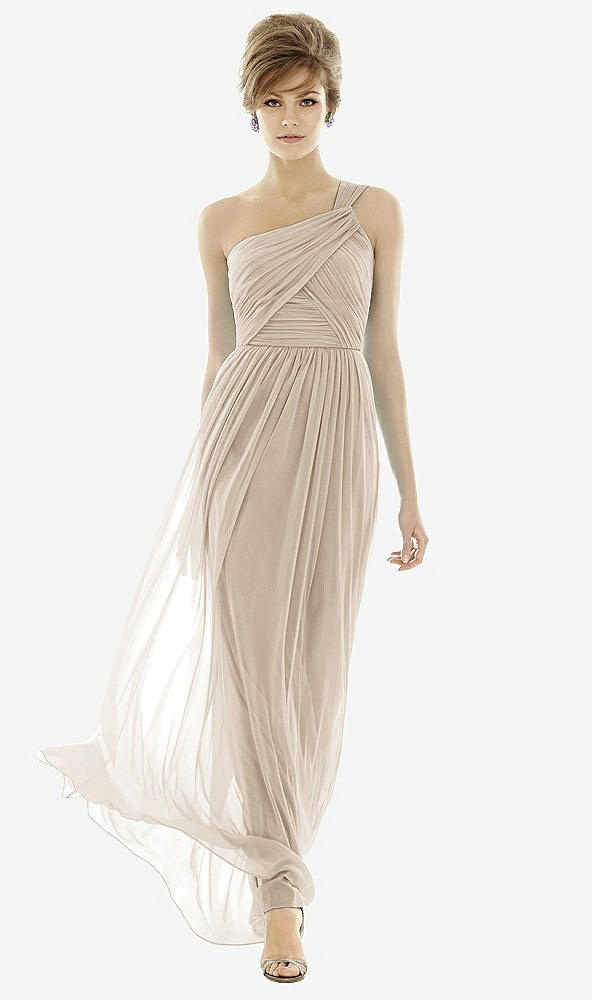Front View - Nude Gray Illusion Plunge Neck Shirred Maxi Dress