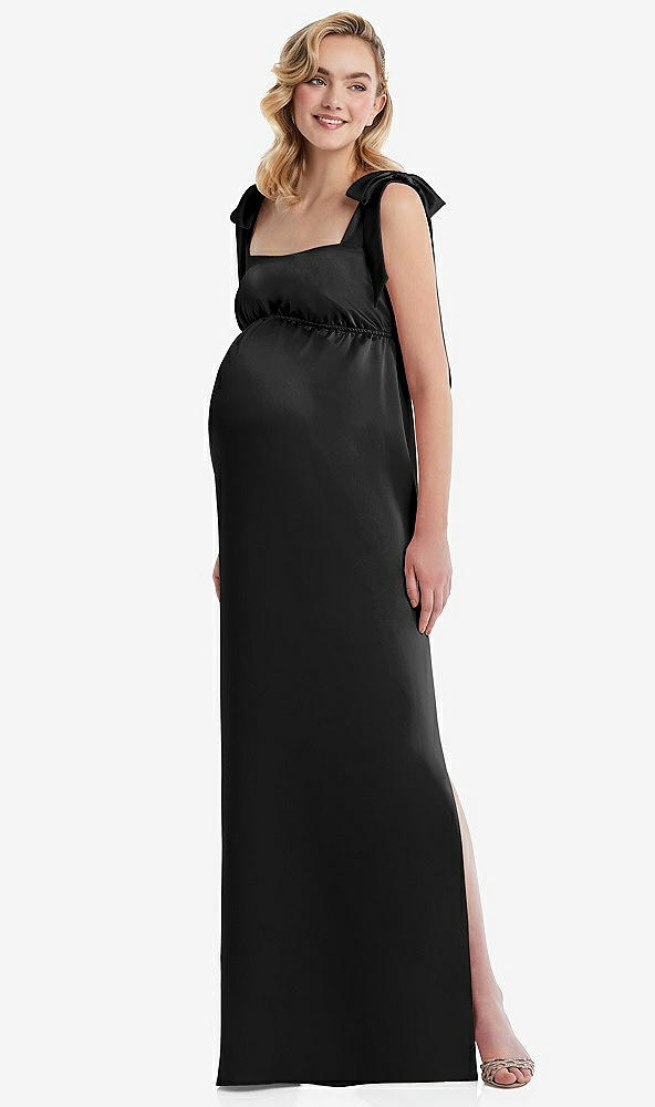 Front View - Black Flat Tie-Shoulder Empire Waist Maternity Dress