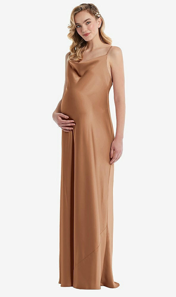 Front View - Toffee Cowl-Neck Tie-Strap Maternity Slip Dress