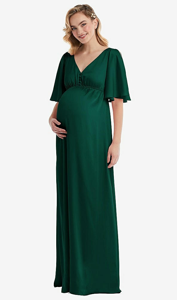 Front View - Hunter Green Flutter Bell Sleeve Empire Maternity Dress