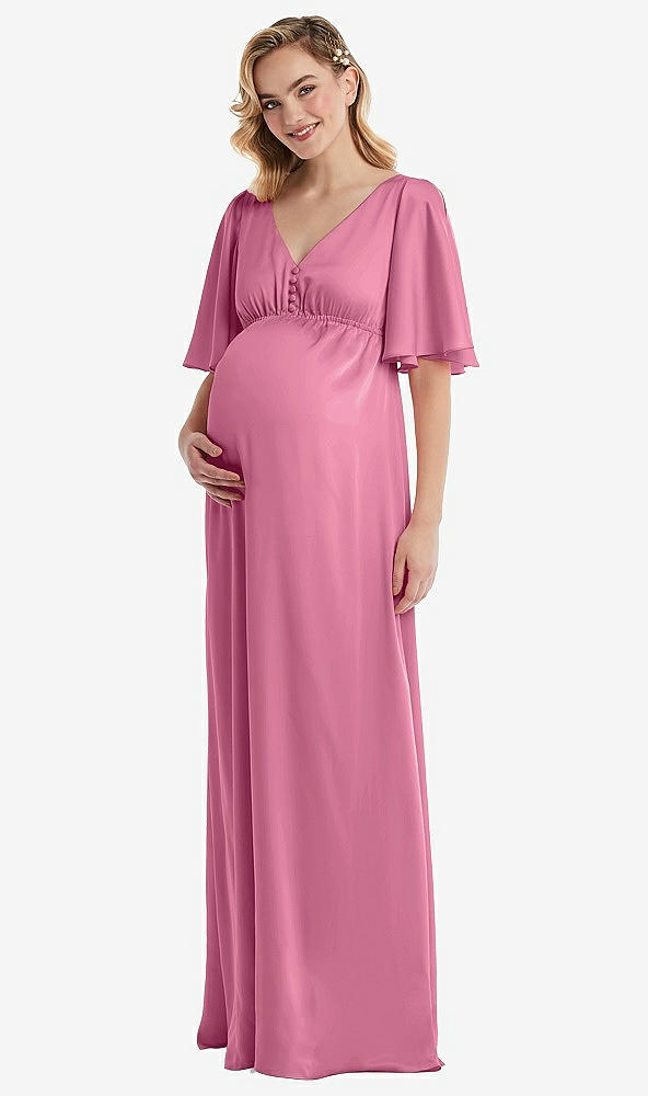 Front View - Orchid Pink Flutter Bell Sleeve Empire Maternity Dress