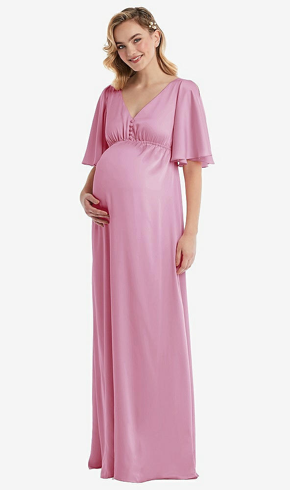 Front View - Powder Pink Flutter Bell Sleeve Empire Maternity Dress