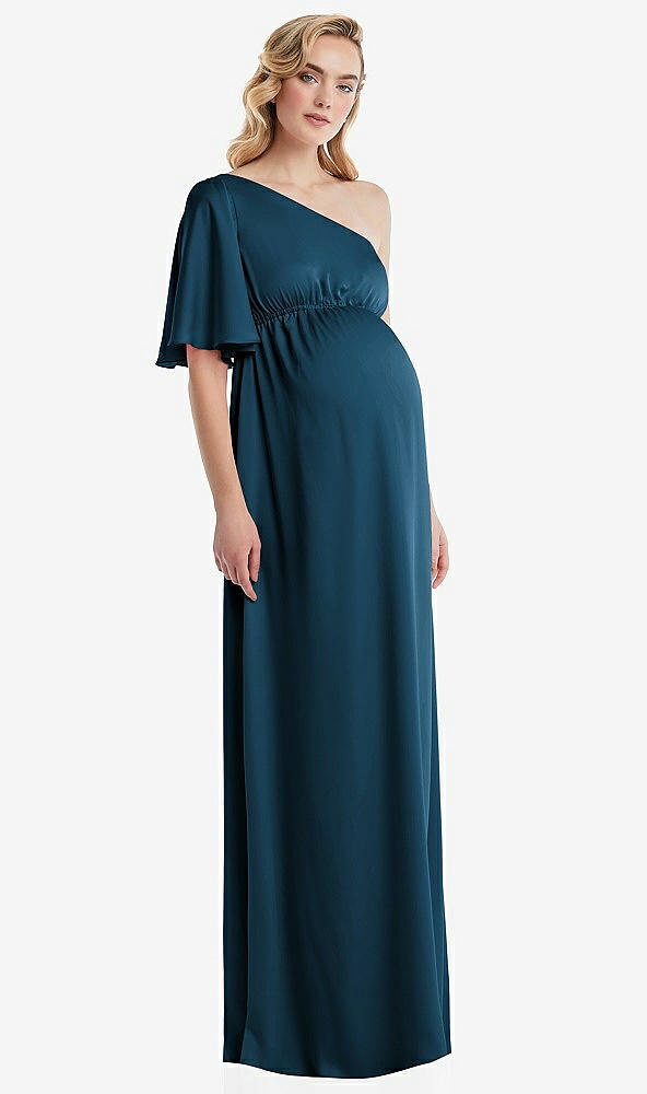 Front View - Atlantic Blue One-Shoulder Flutter Sleeve Maternity Dress