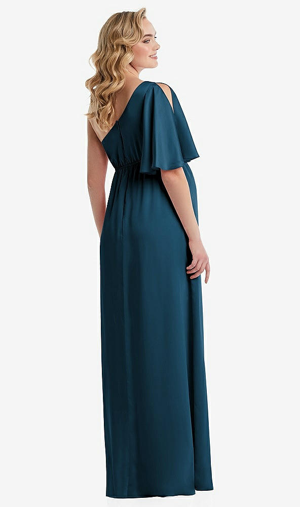 Back View - Atlantic Blue One-Shoulder Flutter Sleeve Maternity Dress