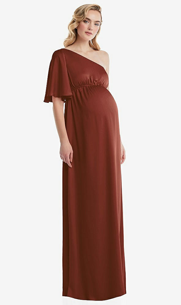 Front View - Auburn Moon One-Shoulder Flutter Sleeve Maternity Dress