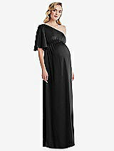 Front View Thumbnail - Black One-Shoulder Flutter Sleeve Maternity Dress