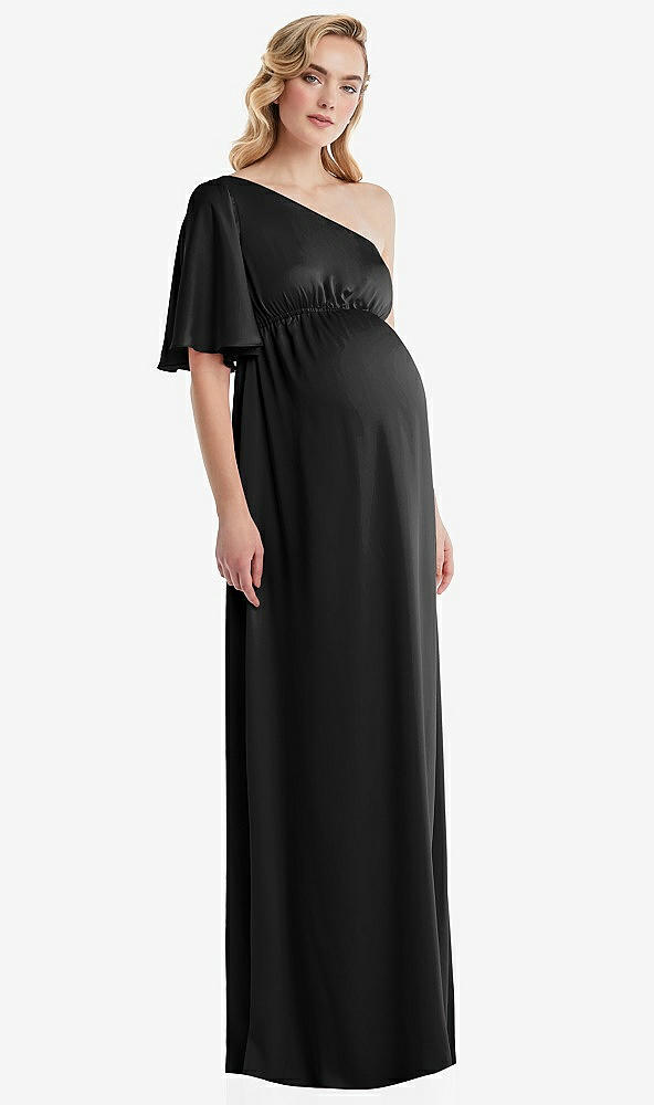 Front View - Black One-Shoulder Flutter Sleeve Maternity Dress