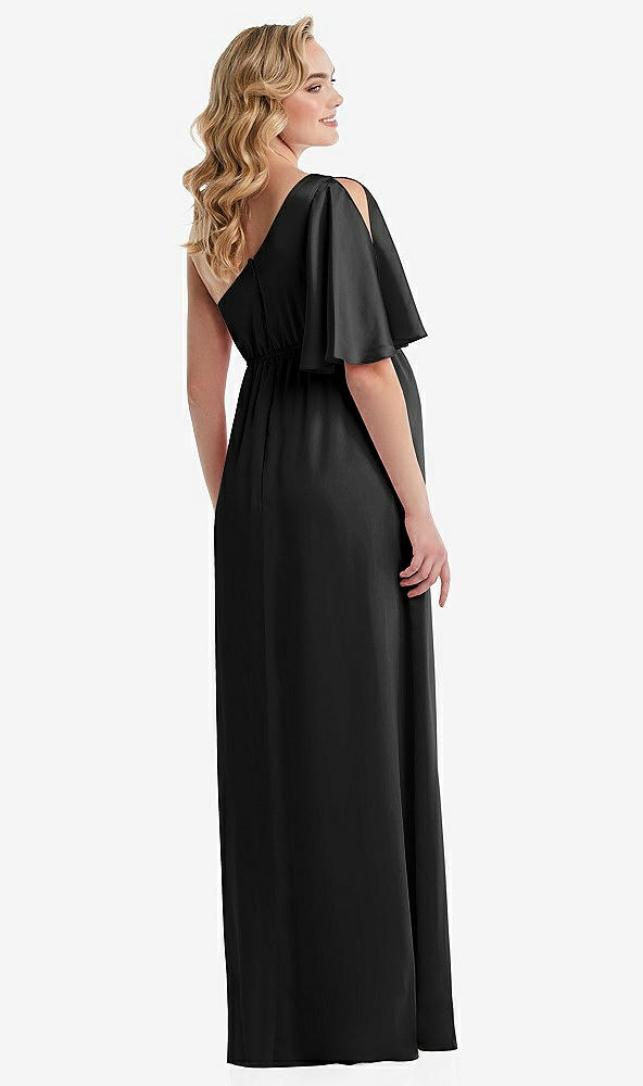 Back View - Black One-Shoulder Flutter Sleeve Maternity Dress
