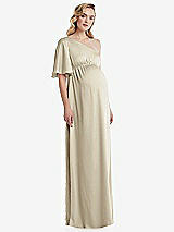 Front View Thumbnail - Champagne One-Shoulder Flutter Sleeve Maternity Dress