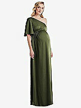 Front View Thumbnail - Olive Green One-Shoulder Flutter Sleeve Maternity Dress