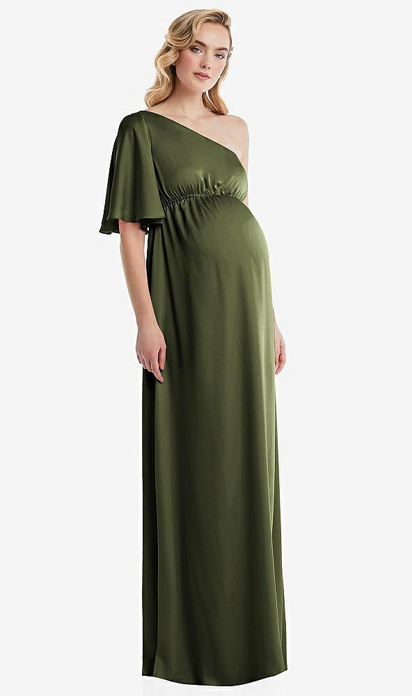Front View - Olive Green One-Shoulder Flutter Sleeve Maternity Dress