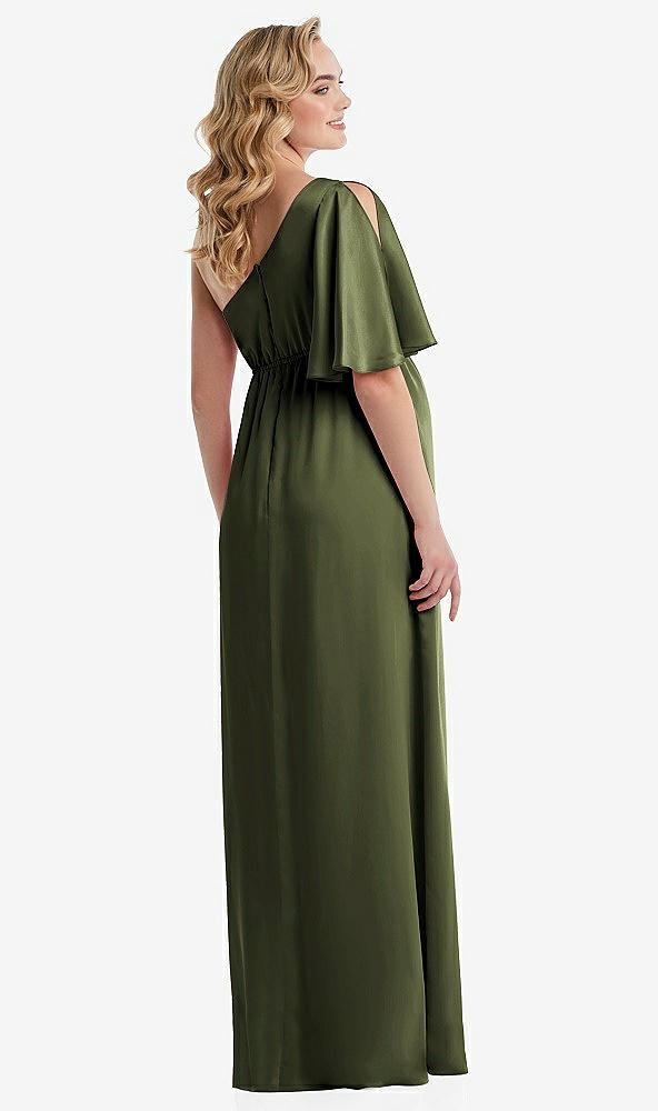 Back View - Olive Green One-Shoulder Flutter Sleeve Maternity Dress