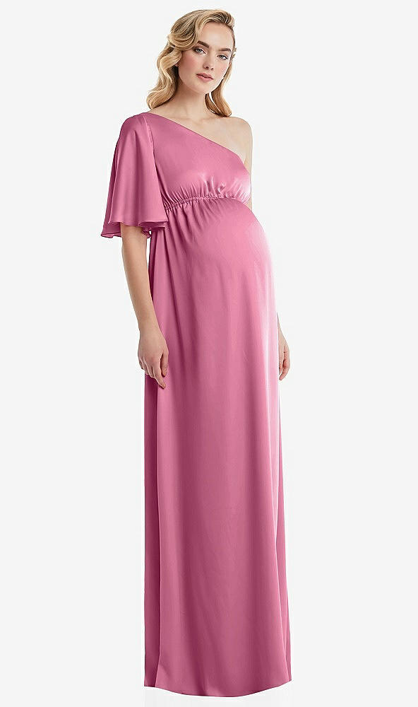 Front View - Orchid Pink One-Shoulder Flutter Sleeve Maternity Dress