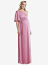 Front View Thumbnail - Powder Pink One-Shoulder Flutter Sleeve Maternity Dress