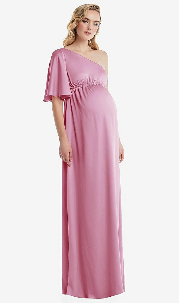 Front View - Powder Pink One-Shoulder Flutter Sleeve Maternity Dress