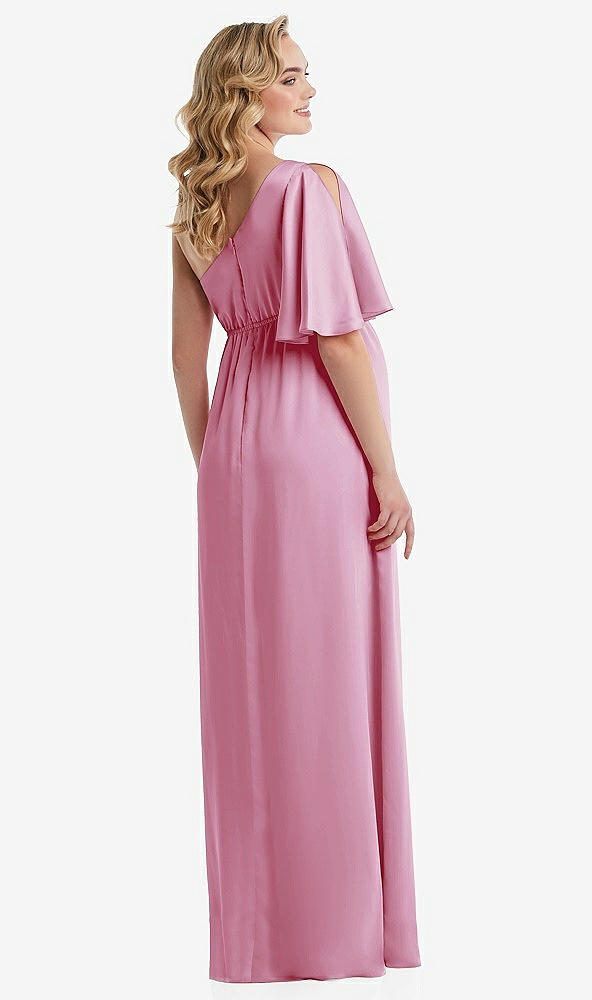 Back View - Powder Pink One-Shoulder Flutter Sleeve Maternity Dress