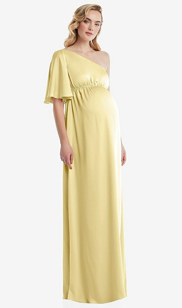 Front View - Pale Yellow One-Shoulder Flutter Sleeve Maternity Dress