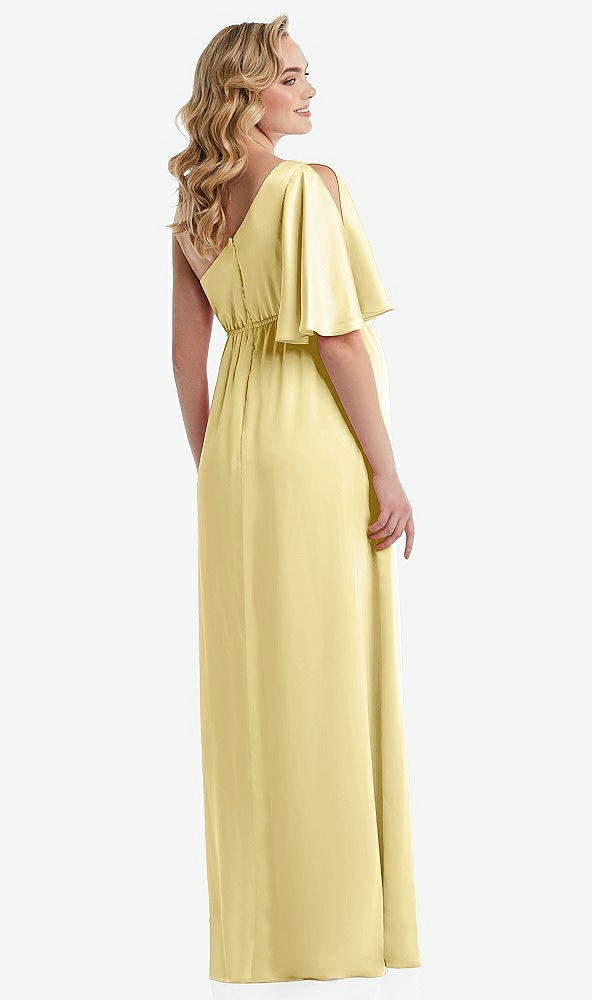 Back View - Pale Yellow One-Shoulder Flutter Sleeve Maternity Dress