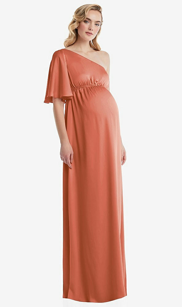 Front View - Terracotta Copper One-Shoulder Flutter Sleeve Maternity Dress