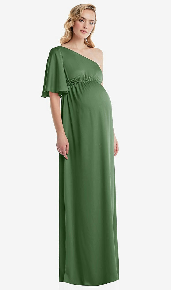 Front View - Vineyard Green One-Shoulder Flutter Sleeve Maternity Dress