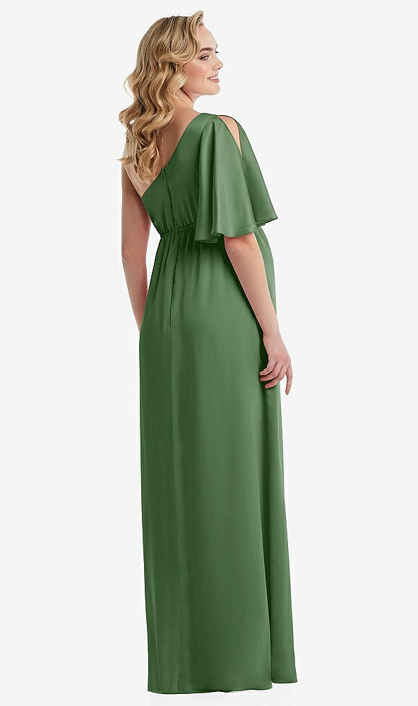 Back View - Vineyard Green One-Shoulder Flutter Sleeve Maternity Dress