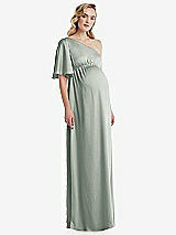 Front View Thumbnail - Willow Green One-Shoulder Flutter Sleeve Maternity Dress