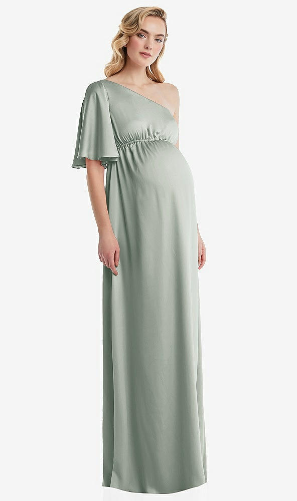 Front View - Willow Green One-Shoulder Flutter Sleeve Maternity Dress